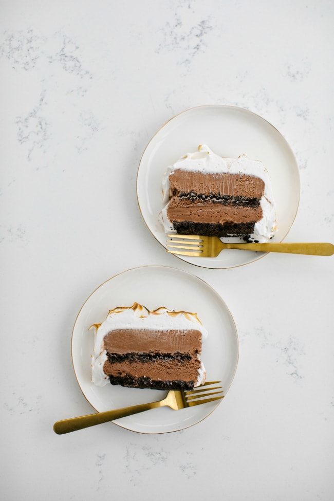 chocolate ice cream cake with mint meringue