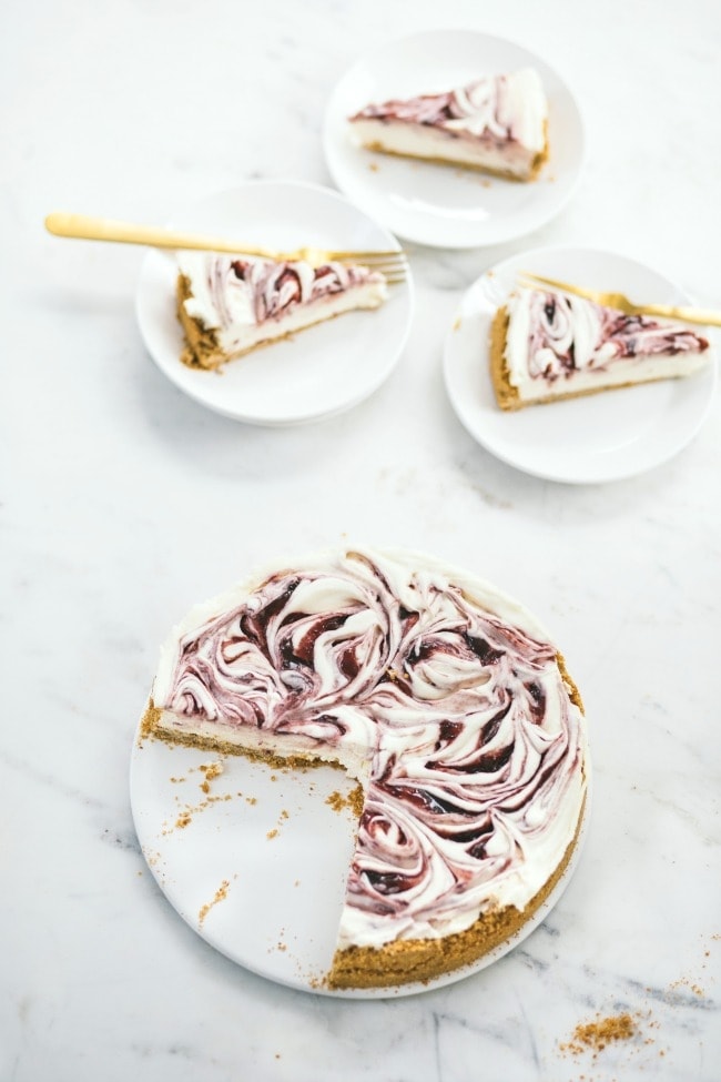 (almost) no bake white chocolate cheesecake with sour cherry swirl