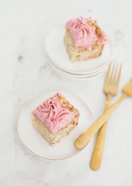 walnut snack cake with raspberry buttercream