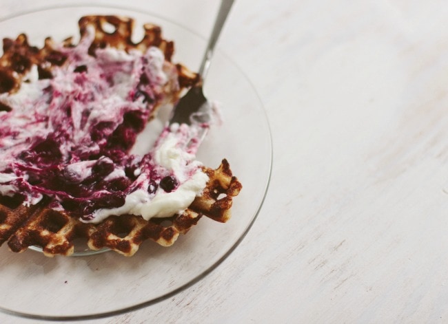 waffles with rhubarb-blueberry-cardamom compote | the vanilla bean blog