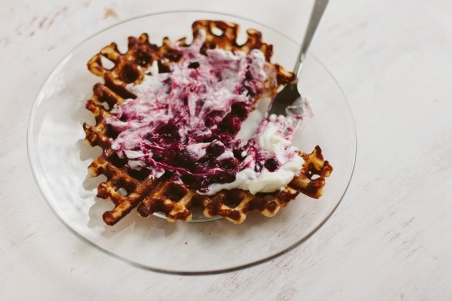 waffles with rhubarb-blueberry-cardamom compote | the vanilla bean blog