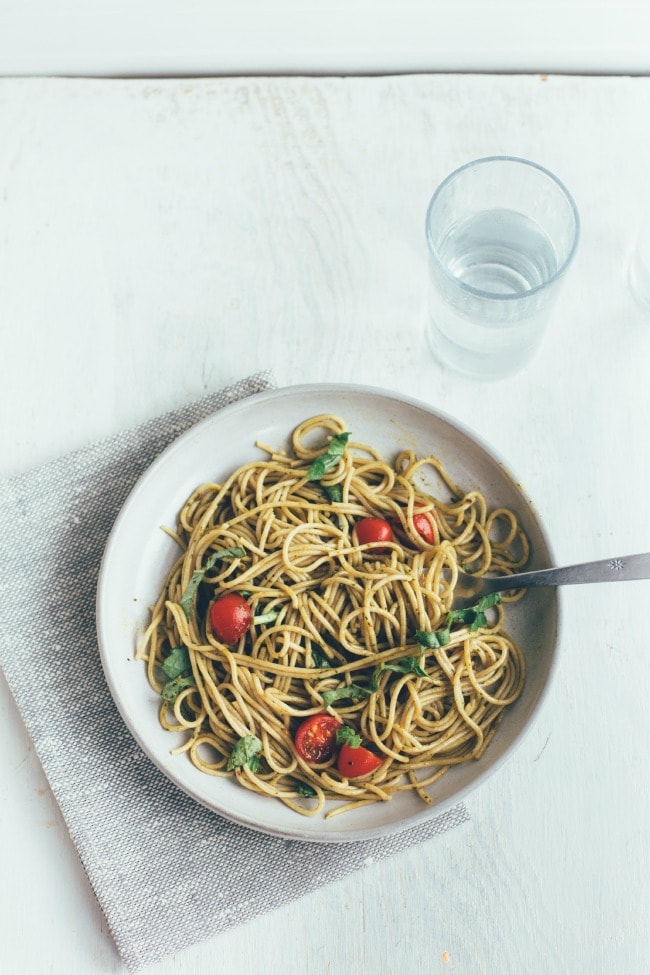 whole wheat pasta with balsamic-spinach-basil dressing | the vanilla bean blog