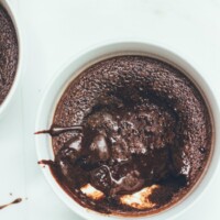 chocolate pudding cake in white ramekin