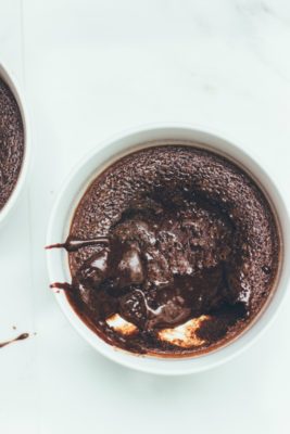 chocolate pudding cake in white ramekin