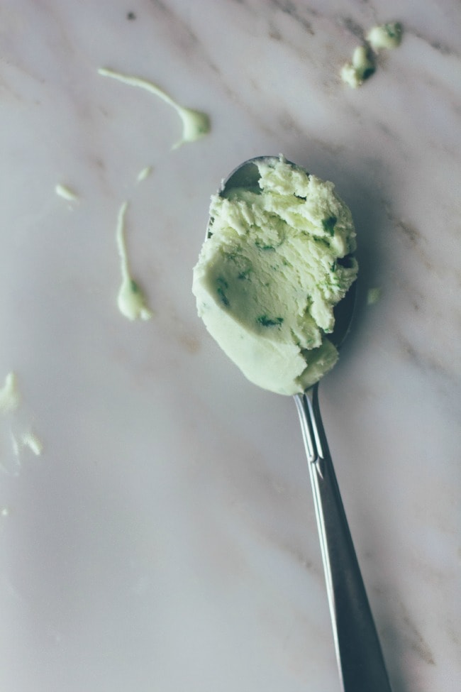 BASIL ICE CREAM ON A SILVER SPOON