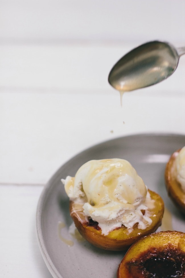 Roasted Peaches with Crème Fraîche Caramel Sauce | Sarah Kieffer | The Vanilla Bean Blog