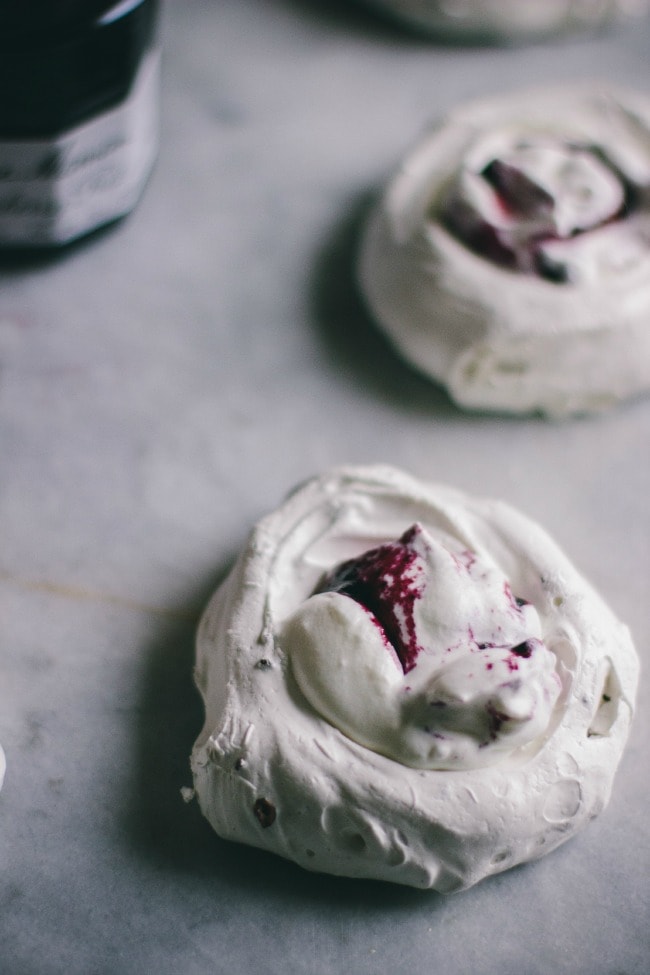 Cocoa Nib Pavlovas with Jam