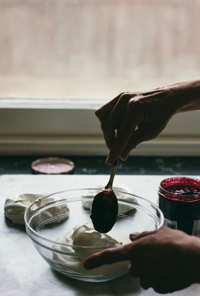 Cocoa Nib Pavlovas with Jam