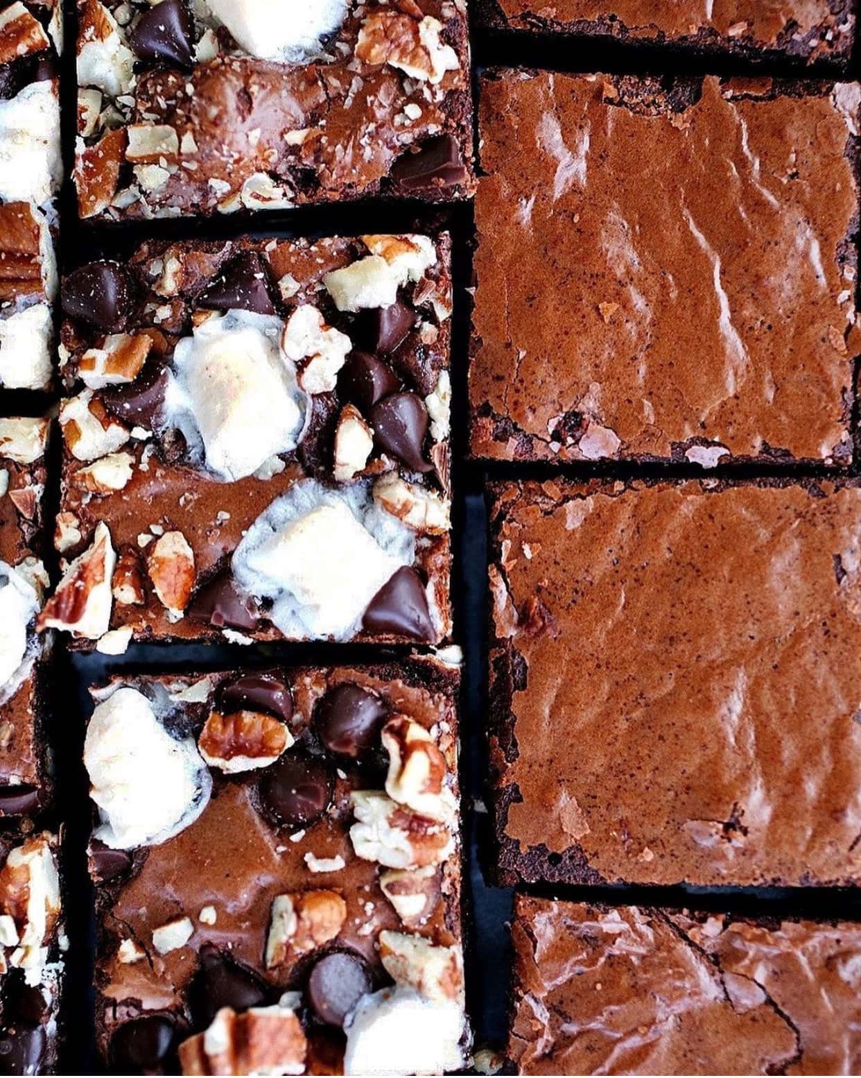 rocky road brownies next to regular brownies, cut in squares