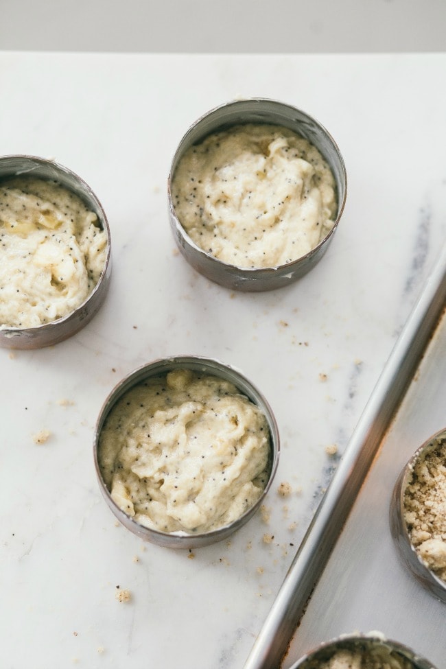 banana poppyseed muffins with hazelnut streusel