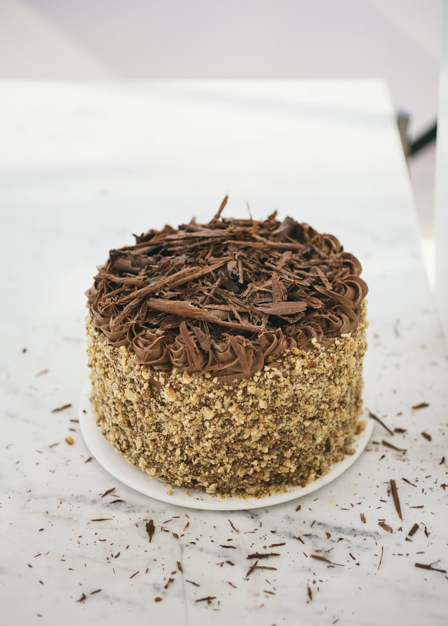 Walnut Cake with Chocolate Buttercream and Candied Walnuts