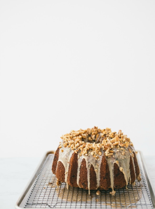 bundt cake with white chocolate and walnuts