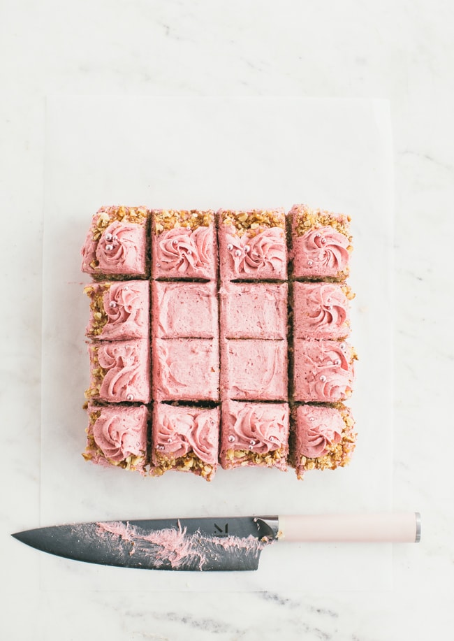 walnut snack cake with raspberry buttercream