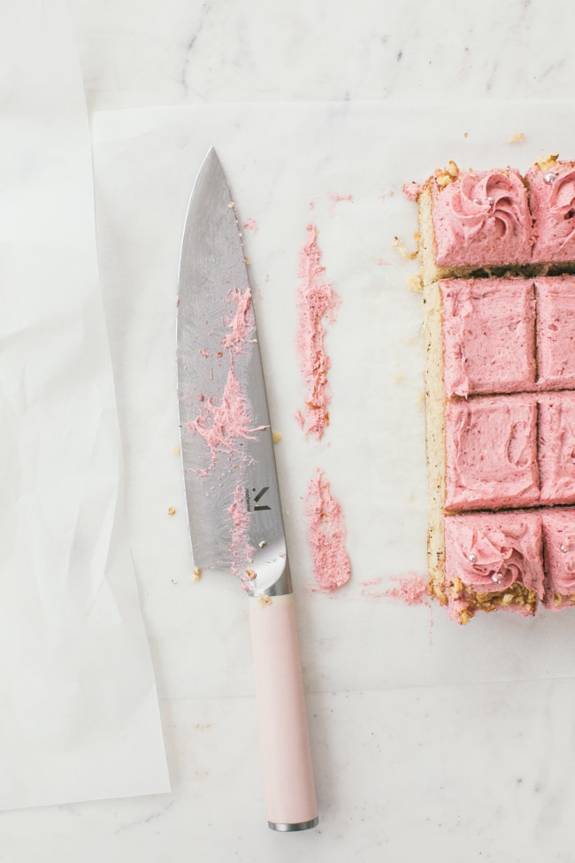 walnut snack cake with raspberry buttercream