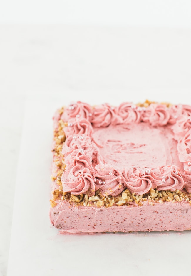 walnut snack cake with raspberry buttercream