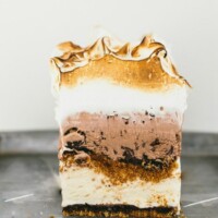 cross section photo of s'mores ice cream cake with meringue topping