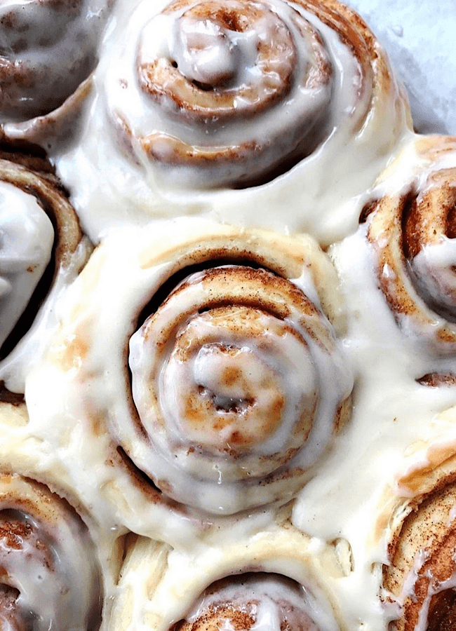 soft and gooey cinnamon rolls, close up photo.
