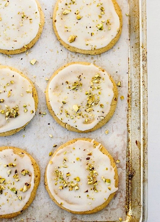 Olive Oil Sugar Cookies with Pistachios and Lemon Glaze