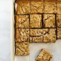 Coffee Blondies cut into squares, in a baking sheet