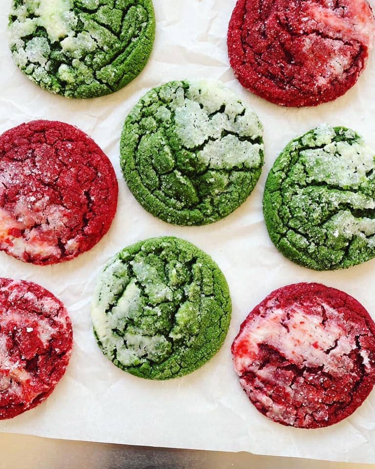 red velvet sugar cookies on parchment paper