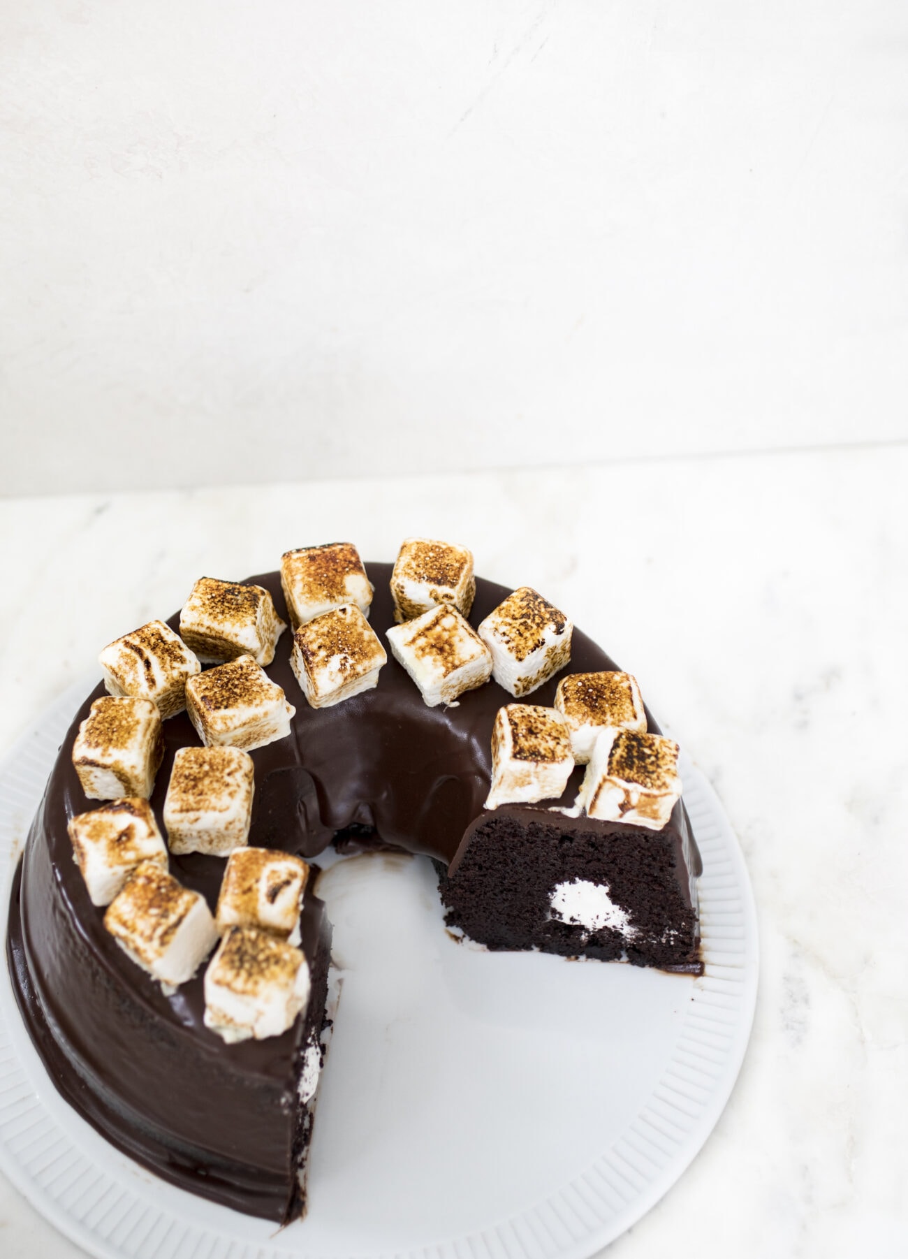 Chocolate cake with marshmallows on top
