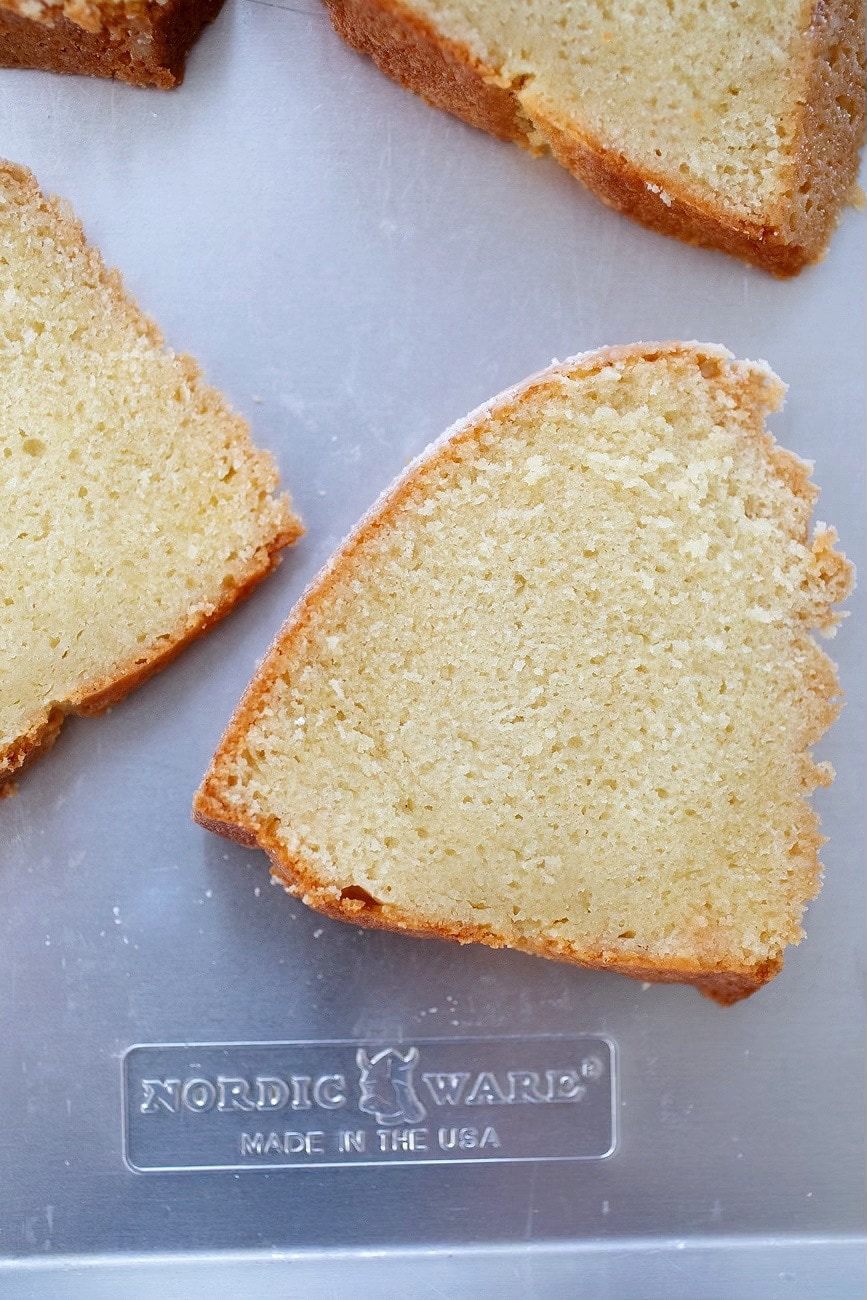 sliced bundt cake on a sheet pan