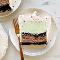 peppermint chocolate ice cream cake on white plates