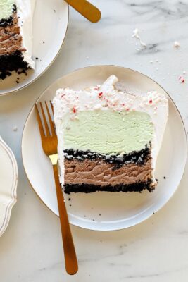 peppermint chocolate ice cream cake on white plates