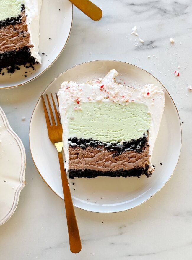 peppermint chocolate ice cream cake on white plates