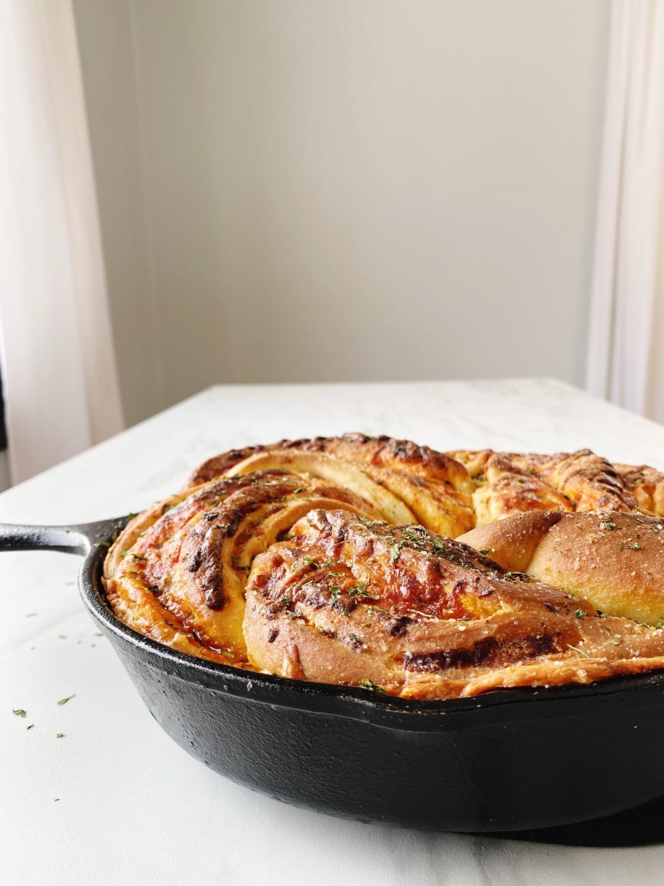 pizza bread in a cast iron skillet 