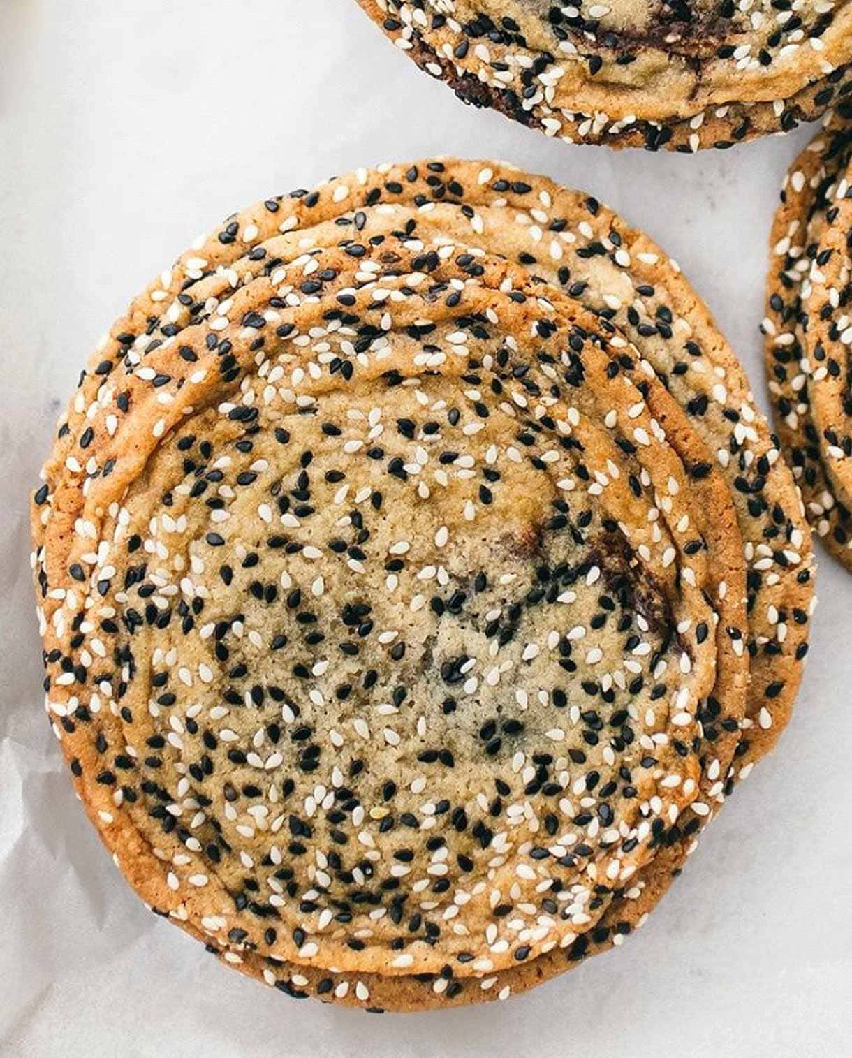 sesame chocolate pan-banging cookies on parchment paper