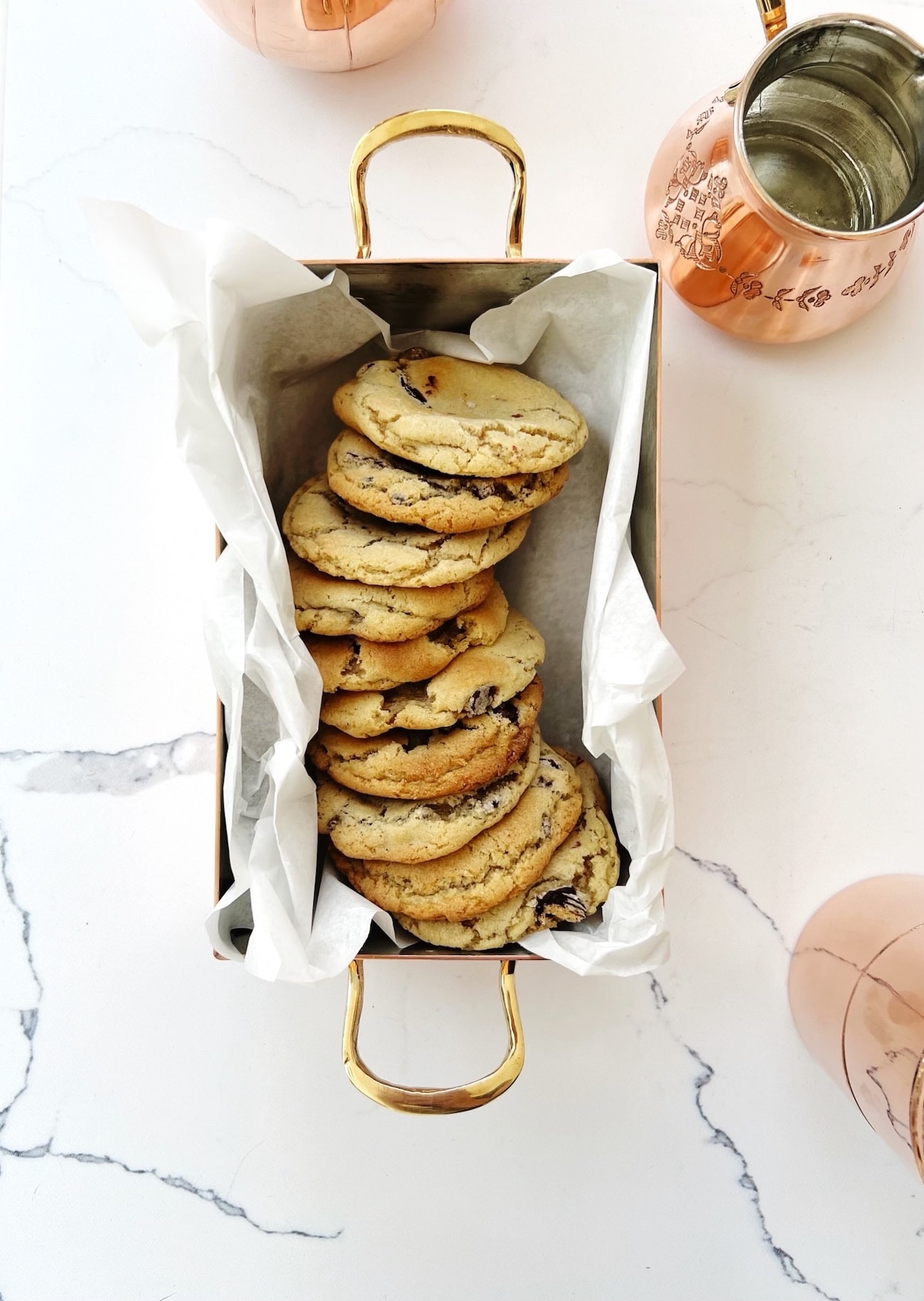 chocolate chip cookies in a tin