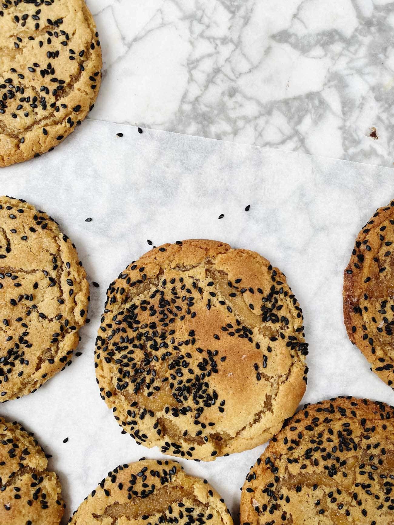 brown sugar toasted sesame cookies on marble board