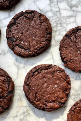 ultimate chocolate cookies on marble board