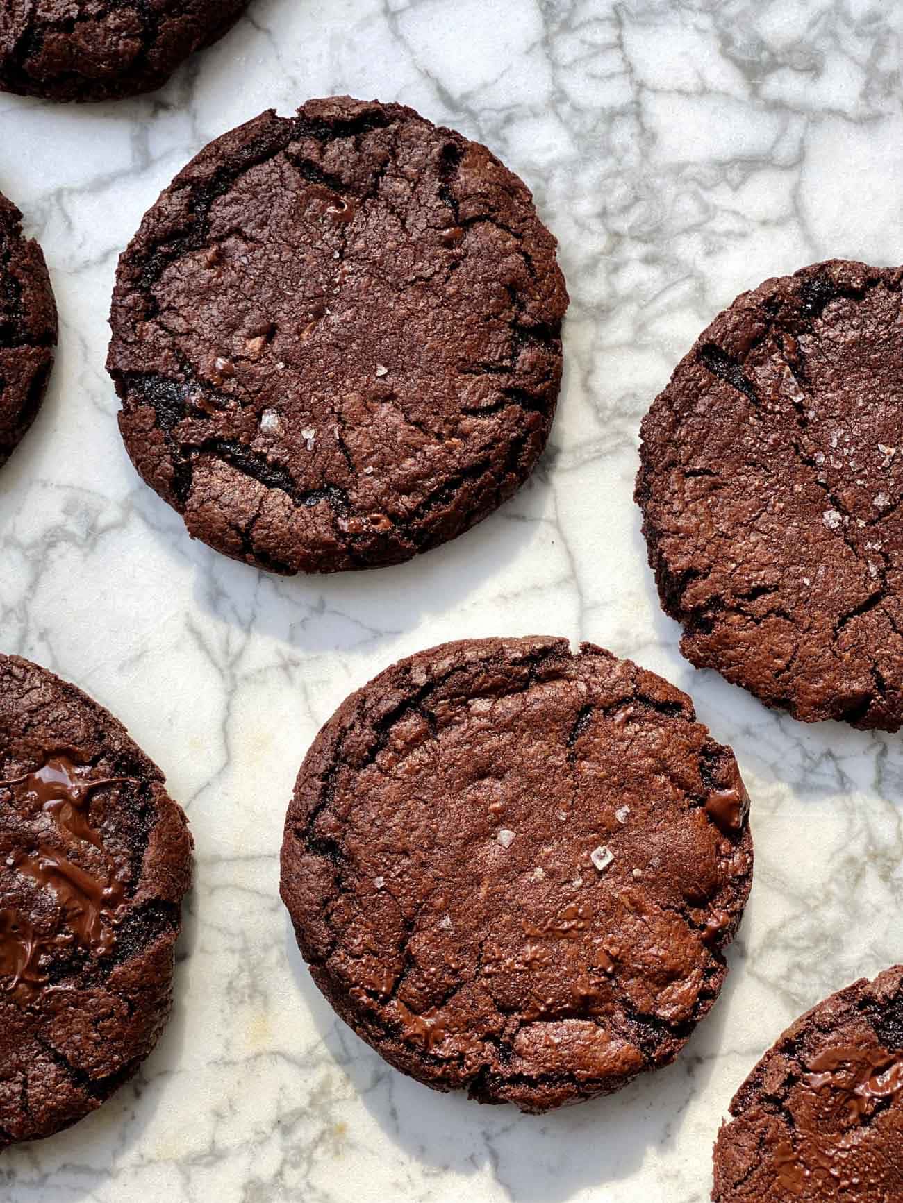 ultimate chocolate cookies on marble board