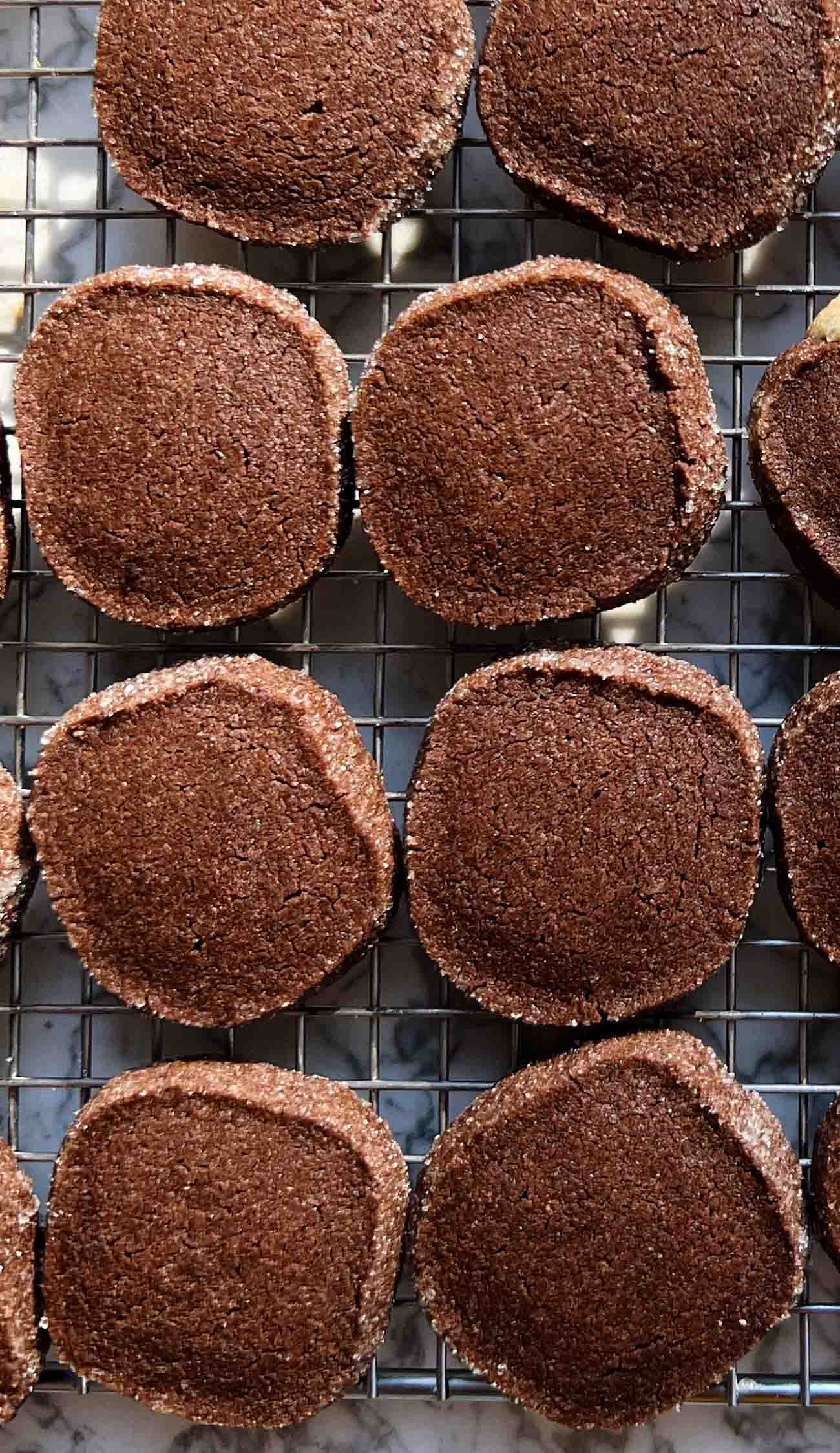 chocolate shortbread cookies on cooling rack