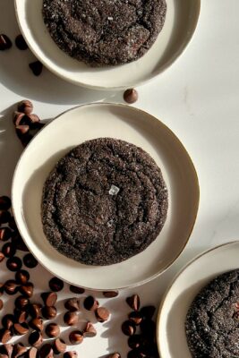 chocolate espresso sugar cookies on white plates