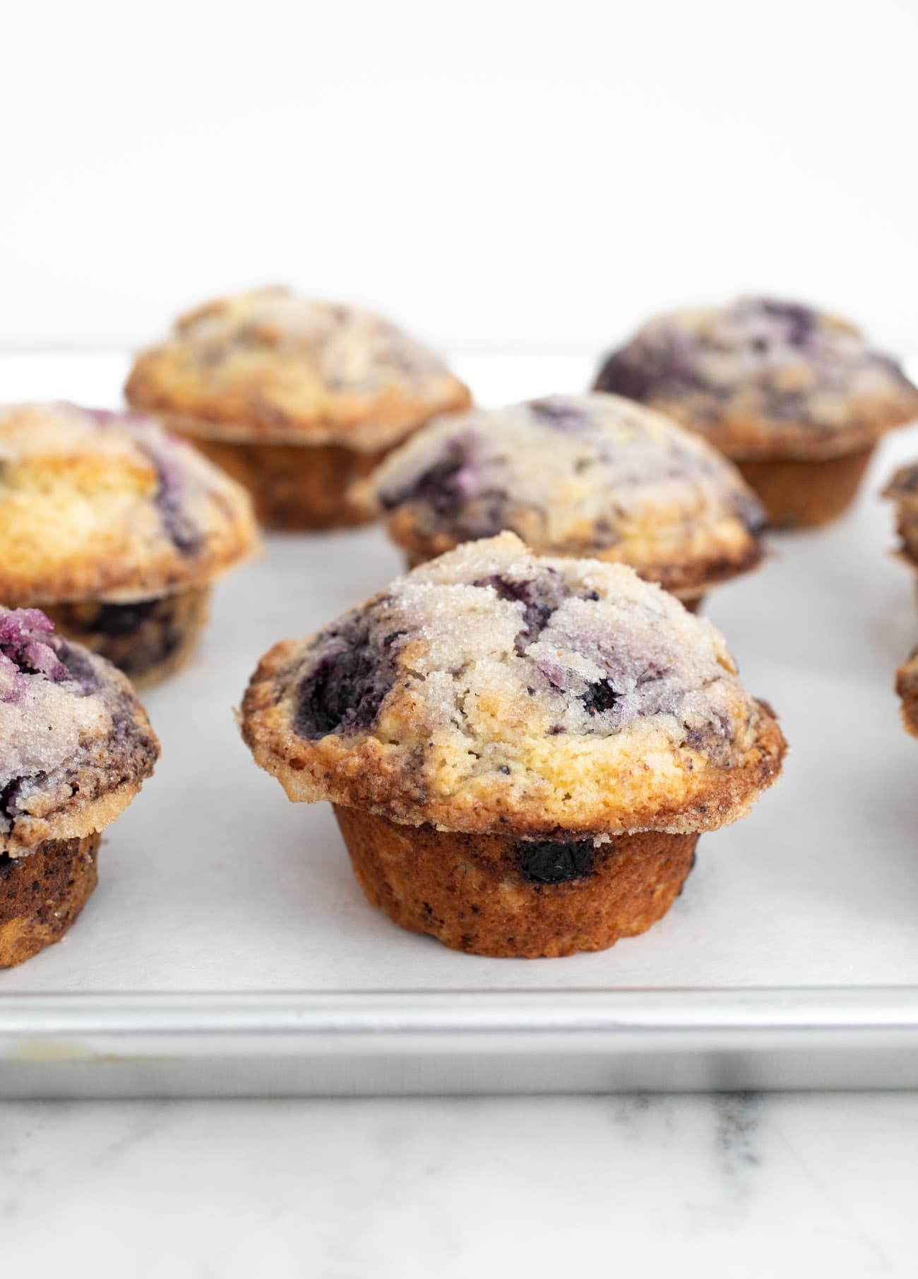 blueberry muffins on baking sheet