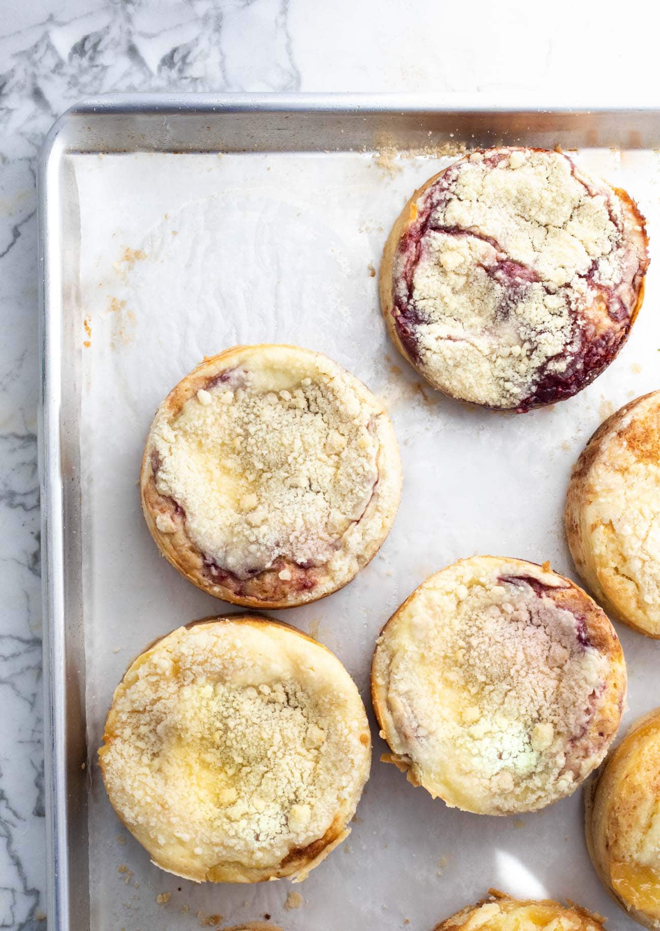 streusel coffee cakes on baking sheet