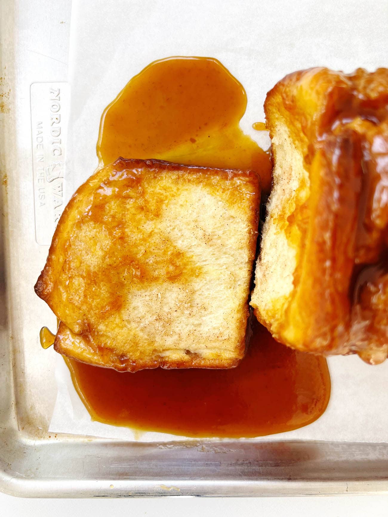 pumpkin caramel bread slice on parchment paper