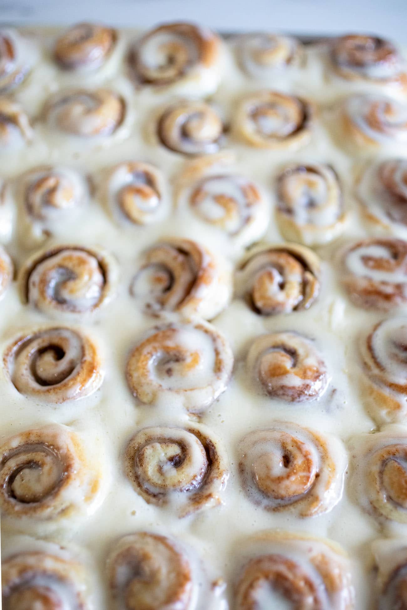 pan of mini cinnamon rolls with lots of icing
