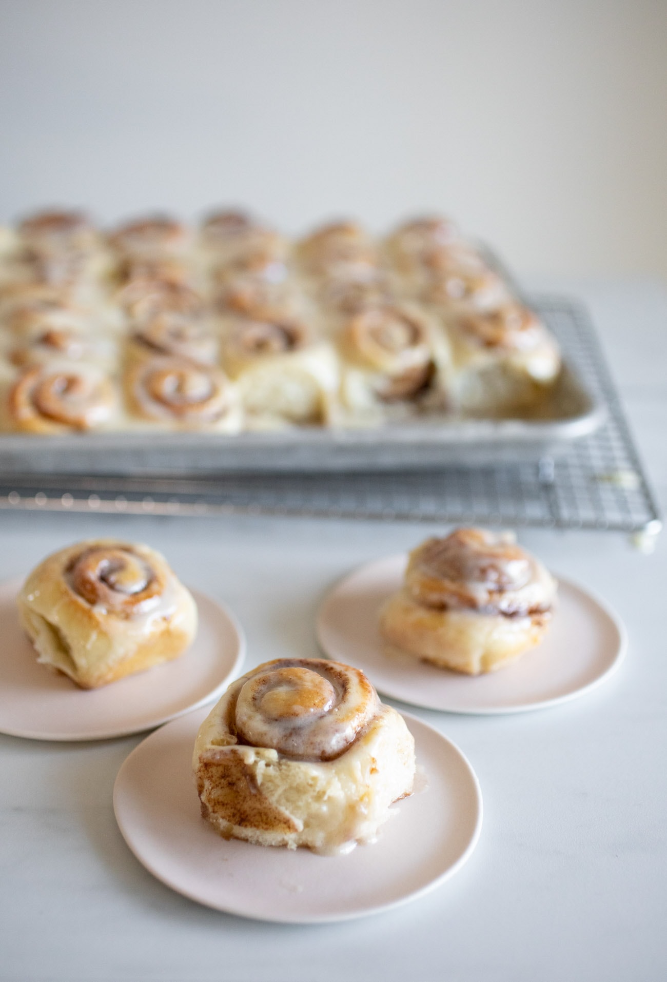 mini cinnamon rolls on pink plates