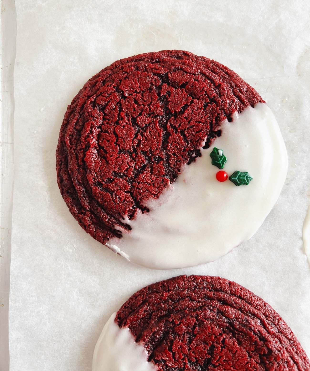 red velvet cookies on white parchment
