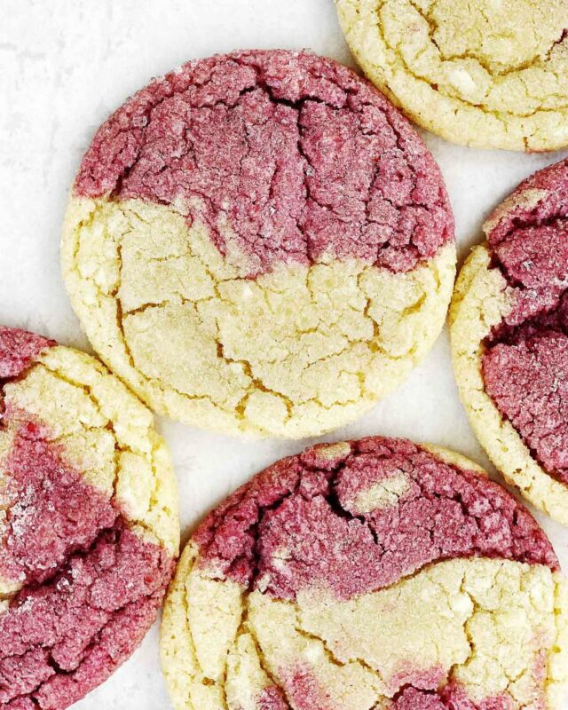 A cookie fit for Valentine’s. 💕 Half-n-Half White Chocolate Raspberry! A buttery, delicious cookie with excellent flavor: the white chocolate and raspberry shine in each bite. I use freeze dried raspberries for vibrant color and fruitiness. 

💕 Link to the recipe in my profile!